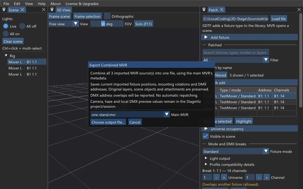 Dialog Export Combined MVR: text o spojení tří importovaných MVR do jednoho souboru, výběr Main MVR a tlačítko Choose output file